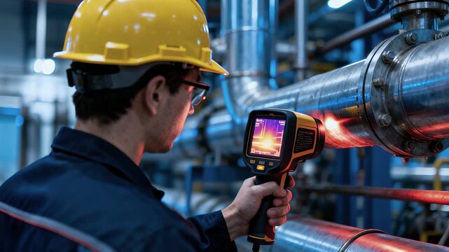 Industrial inspection. Engineer performs thermal inspection using infrared camera on large metal pipelines in factory. Maintenance technology, safety control, and industrial innovation systems concept
