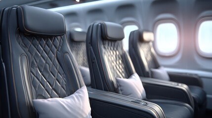 Fototapeta premium Comfortable seating in a modern airplane cabin designed for a relaxing travel experience, bathed in soft sunlight at an afternoon flight