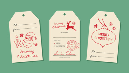Set of Christmas gift tags with hand lettering, vintage Santa, reindeer & ornament designs for presents, cards, wrapping, and holiday packaging © azusa