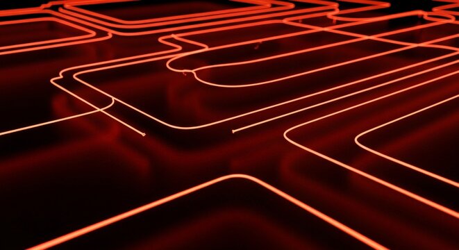 Glowing red lines create a futuristic circuit board pattern on a dark surface, suggesting technology, connectivity, and the flow of information in a modern, digital world.