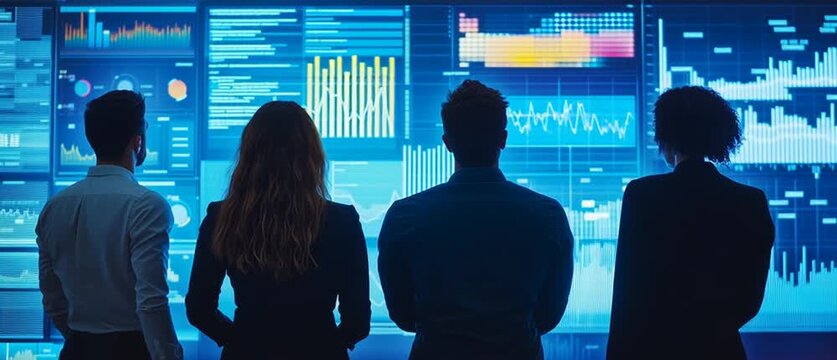 Business team analyzing data dashboard on digital screens