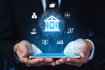 Concept of digital banking and global financial services. A network of secure online transactions,...