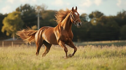 Obraz premium A majestic brown horse with a flowing mane and tail gallops gracefully through a sunlit green field with trees in the background.