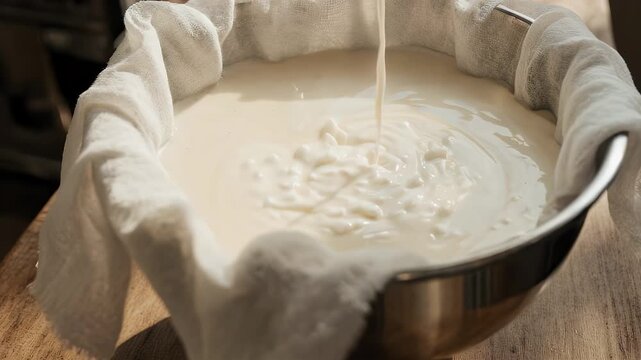 Creamy liquid being poured into a stainless steel bowl lined with white cheesecloth on a wooden surface