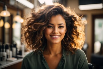 selective focus of hairdresser cutting hair of happy woman in beauty salon