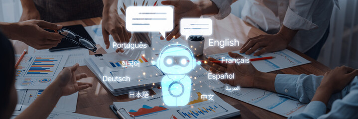 A business meeting scene showcasing a robot assistant facilitating multilingual communication,...
