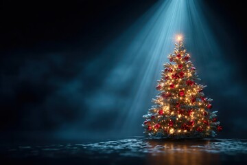 A beautifully decorated christmas tree illuminated by a dramatic spotlight beam in a dark moody setting