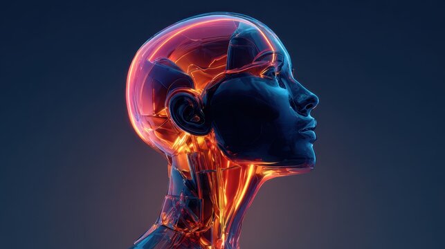 Modern robotic head with colorful lighting showcasing futuristic design and technology in a close-up profile view