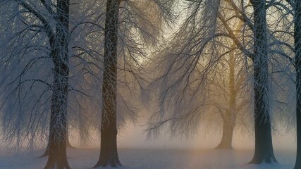 Enchanting winter forest landscape with glowing fog and snow covered trees, perfect for holiday backgrounds and serene seasonal scenes - Powered by Adobe