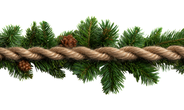 Rustic Christmas Border with Natural Garland and Twine Rope Accent Isolate on Transparent Background, png