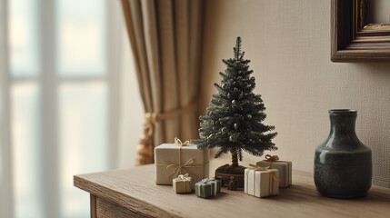 柔らかな光が差し込む窓辺のテーブルの上に飾られた、ナチュラルで落ち着いたトーンのクリスマスツリー・ミニチュアのモミの木が編み込みの鉢に入り、その周りにはくすみカラーのボックスやクラフト紙のような包みのプレゼントが置かれています。背景のベージュのカーテンや落ち着いた壁紙が、全体に温かく、ノスタルジック