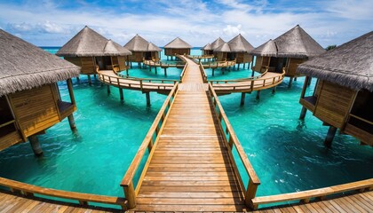 Luxurious Overwater Bungalows on Turquoise Water With Wooden Boardwalk and Palm Thatched Roofs Under Clear Blue Sky