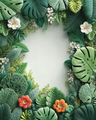 Tropical Foliage Frame: An artful arrangement of vibrant green leaves and delicate flowers creates a captivating frame.