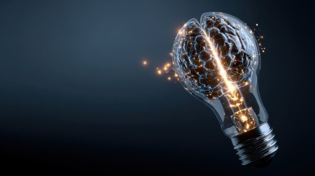 Creative fusion of a human brain and light bulb signifying ideas, innovation, and inspiration blending together in a futuristic design