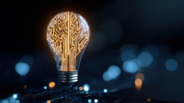 Light bulb with circuit patterns symbolizes innovation and technology in a dark setting