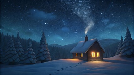 Cozy cabin in the snowy woods under a star filled night sky with aurora borealis shimmering overhead