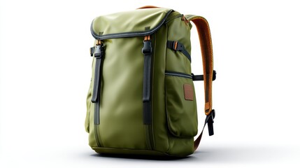 Stylish green backpack with orange accents placed on a white background highlighting its design and features