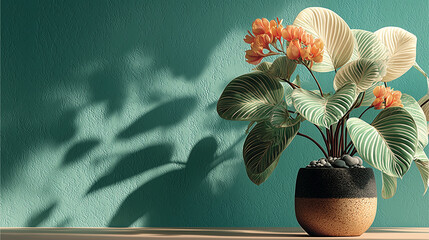 Nature's Artistry: A vibrant plant in a stylish pot, casting captivating shadows on a textured wall, celebrating the interplay of light and life.