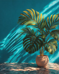 Green Plant in Vase: A vibrant green plant, with its lush leaves, thrives in a decorative vase, bathed in sunlight. The shadow creates an enchanting backdrop.