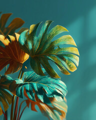 Monstera Plant: Artistic shot of a vibrant monstera plant's leaves, their lush green and yellow hues contrasting against the soft turquoise backdrop, capturing natural beauty and artistic flair.