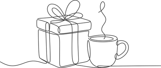 Gift box and coffee cup continuous line drawing present design illustration