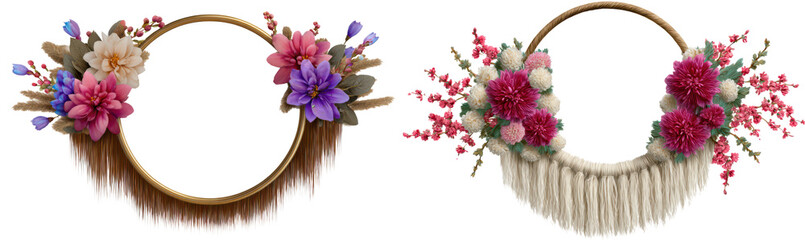 Boho Circular Frame with Fringe and Floral Accents for Decoration Isolate on Transparent Background, png