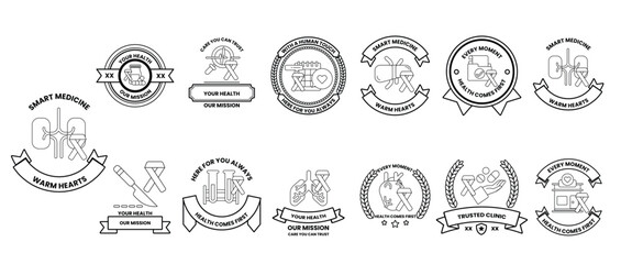 A collection of badges with the word 