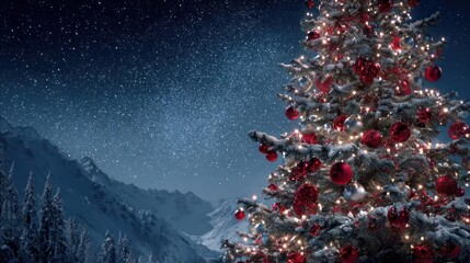 A beautifully decorated christmas tree stands tall under a starry night sky in a snowy mountain landscape