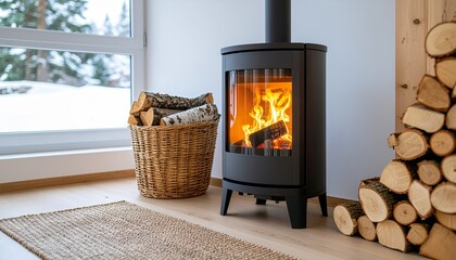 A cozy modern wood-burning stove beside a neatly stacked wood log rack, symbolizing sustainable renewable winter home heating.