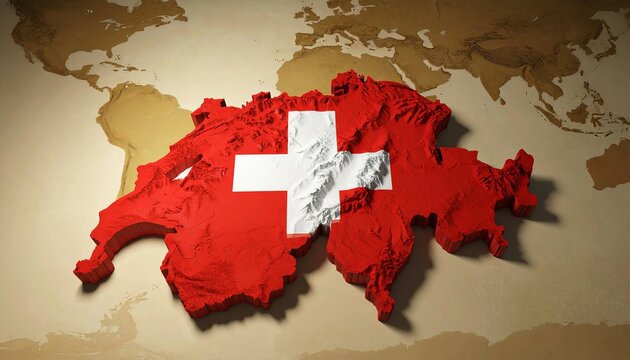 Switzerland map, highlighted in bold red and white, stands out on a vintage world map. The design showcases national pride, geography, and cultural identity.