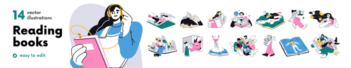 Naklejka premium People reading books concepts set. Readers with fantasy, fiction, education literature, studying. Knowledge, imagination, dream world. Flat graphic vector illustrations isolated on white background