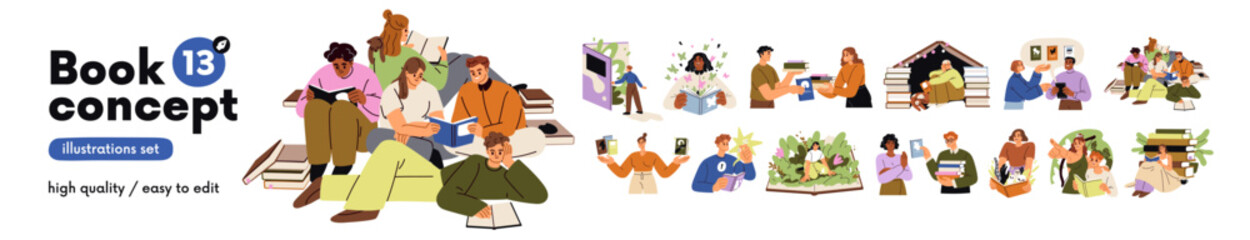 Naklejka premium People with books, concepts set. Readers read fiction, fantasy, fairytale, education and business literature for knowledge, wisdom, imagination. Flat vector illustrations isolated on white background