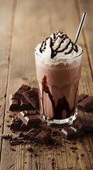 Delicious glass of creamy chocolate milkshake with chocolate pieces on a wooden table, symbolizing sweetness, indulgence, and comfort