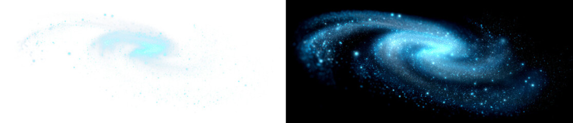Fototapeta premium Spiral Galaxy Illustration in Vibrant Blue Display on Transparent and Black Background, png