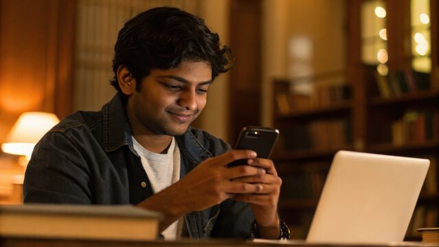 Indian student life captured as young man smiles using smartphone near laptop in cozy library setting with warm lighting and bookshelves - Powered by Adobe