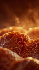 Golden turkey skin captures the warmth of Thanksgiving cooking, with crisp texture and rich color glowing in soft kitchen light. A close-up that highlights the flavor and tradition of the holiday meal