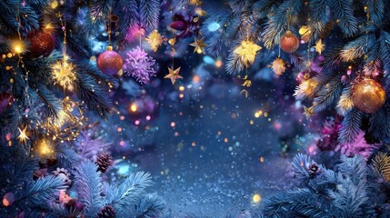 Obraz premium Enchanting Christmas holiday background with sparkling blue fir tree branches, glowing golden and purple ornaments, and magical bokeh lights, perfect for festive winter designs and seasonal