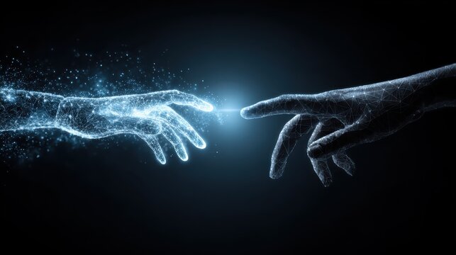 Digital hands reaching toward each other in a display of connection and innovation through technology and creativity in a dark setting