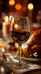 A warm Thanksgiving dinner scene featuring a glass of red wine glowing in candlelight beside a perfectly roasted turkey, capturing the cozy holiday mood and festive family gathering atmosphere.