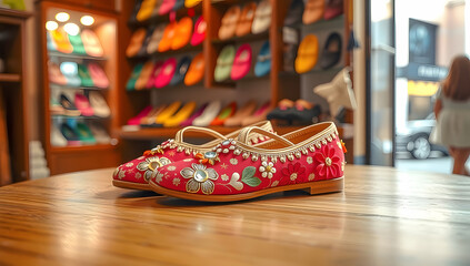 Stunning red embroidered juttis with shimmering floral mirror work and gold border, showcased on a wooden table in a brightly lit shoe boutique. Perfect ethnic footwear.