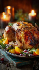 A golden roasted Thanksgiving turkey sits beside shimmering candles, creating a warm festive glow. Crisp skin, herbs, and cozy ambience capture the richness and tradition of a classic holiday celebrat
