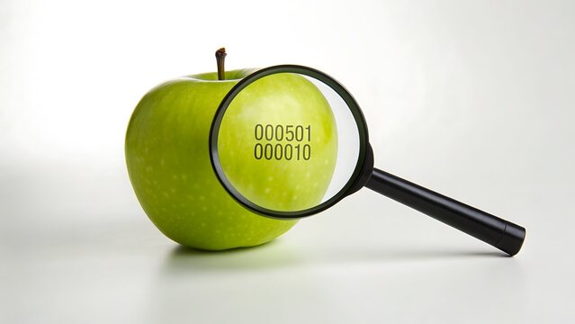 Green apple with magnifying glass showing binary code concept of food technology and genetic research
