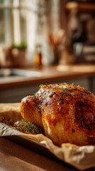 A freshly roasted Thanksgiving turkey rests in a warm tray by the window, steam rising into the soft morning light. The calm, rustic atmosphere captures the comforting start of a holiday filled with t