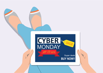 Top view of woman holding smartphone with Cyber Monday Sale.