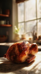 Sunlit steam rises from a golden Thanksgiving turkey, creating a serene holiday mood. Gentle morning light and rustic kitchen textures evoke the warmth of home and the spirit of festive cooking.