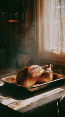 A freshly roasted Thanksgiving turkey rests in a warm tray by the window, steam rising into the soft morning light. The calm, rustic atmosphere captures the comforting start of a holiday filled with t