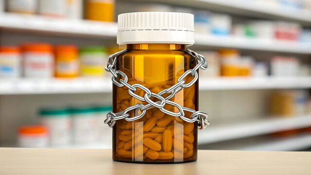 Locked medicine bottle with metal chain symbolizing restricted access to drugs
