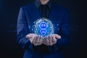 Businessman holding glowing AI robot icon and digital globe, representing artificial intelligence, global innovation, machine learning, smart technology transforming modern business and communication.