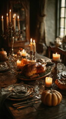 A warm Thanksgiving table glows with soft candlelight, featuring a golden roasted turkey at the center. Seasonal décor, rustic textures, and an inviting atmosphere capture the heart of the holiday gat