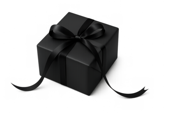 Black gift box with dark ribbon and bow. Presenting elegant luxury and surprise on transparent background